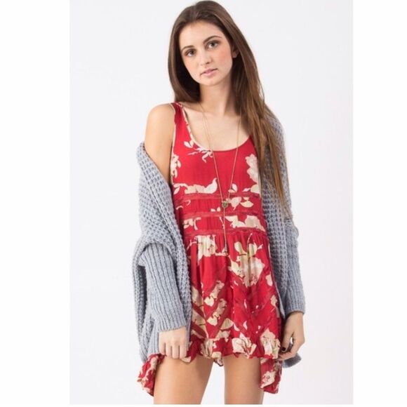 Free People Intimately Tank Tunic/Dress in Red Blush Floral with Lace Accents- M - Picture 2 of 7